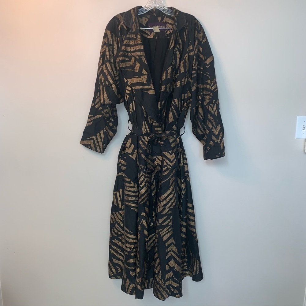 Vintage Jean Claude Poitras Belted  Black and Bronze Patterned Trench Maxi Coat